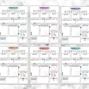 May include: Six pharmacology study sheets with pastel headers and outlines. Each sheet includes sections for general notes, brand name, drug class, mechanism of action, therapeutic uses, side effects, nursing considerations, contraindications, routes of administration, patient education, and a space for notes.
