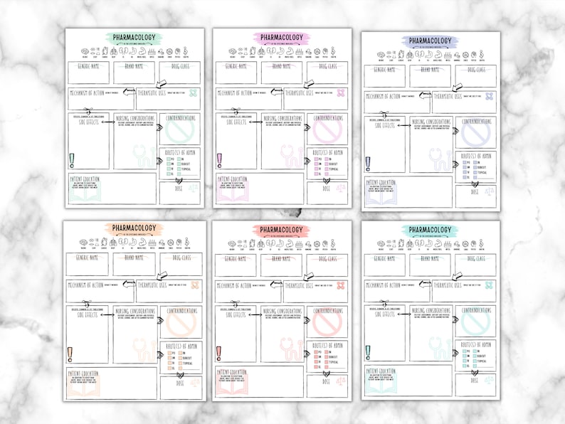 May include: Six pharmacology study sheets with pastel headers and outlines. Each sheet includes sections for general notes, brand name, drug class, mechanism of action, therapeutic uses, side effects, nursing considerations, contraindications, routes of administration, patient education, and a space for notes.