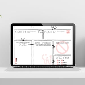 May include: A laptop displays a nursing study guide with handwritten notes and diagrams in black and pink. The screen shows sections for mechanism of action, therapeutic uses, side effects, nursing considerations, contraindications, and routes of admin.