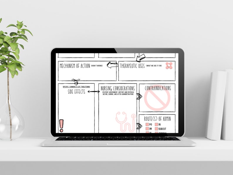 May include: A laptop displays a nursing study guide with handwritten notes and diagrams in black and pink. The screen shows sections for mechanism of action, therapeutic uses, side effects, nursing considerations, contraindications, and routes of admin.
