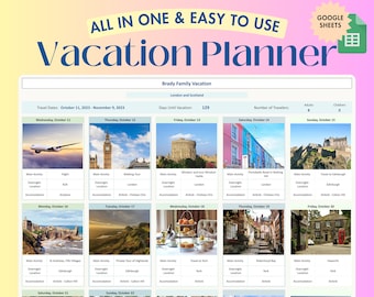 Digital Vacation Planner, Travel Planner, Travel Budget, Google Sheets Spreadsheet, Daily Itinerary, Individual Packing List, Schedule, Easy