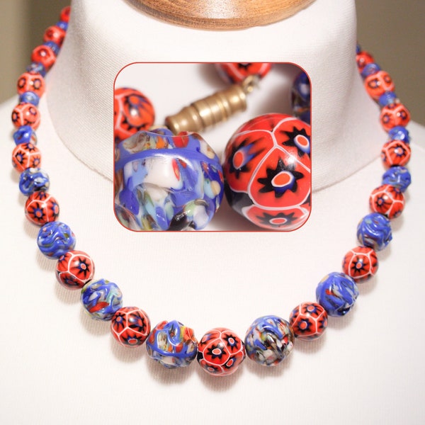 Rare Vintage Murano Glass Bead Necklace | Red Millefiori and Blue Carved Glass Beads | 17 inch Princess Length