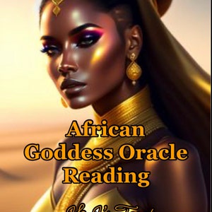 Può includere: Opera d'arte digitale di una donna dalla pelle scura, con gioielli d'oro e un top dorato. L'immagine contiene il testo "African Goddess Oracle Reading" e "J & J's Tarot". La donna ha un trucco elaborato e un copricapo dorato.