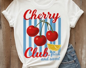 Camiseta unisex de estilo suave Cherry Club, camiseta estética de cerezas, cómoda, regalo para ella, camiseta de cerezas, ropa estética retro