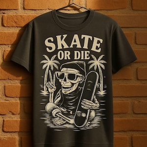 Skateboarder Skull T-Shirt - Skate or Die, Unisex Tee, Casual Streetwear, Gift for Skaters, Summer Vibes, Gift For Skater