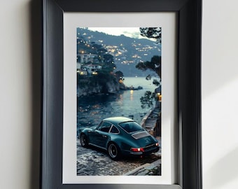 Vintage Porsche Wall Art – Classic Car by Seaside Cliff at Dusk | Retro Automotive Print | Luxury Car Decor for Garage, Office, or Home