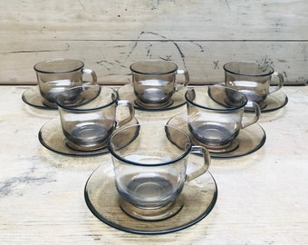 Arcoroc vintage smoked glass coffee cup and saucer set