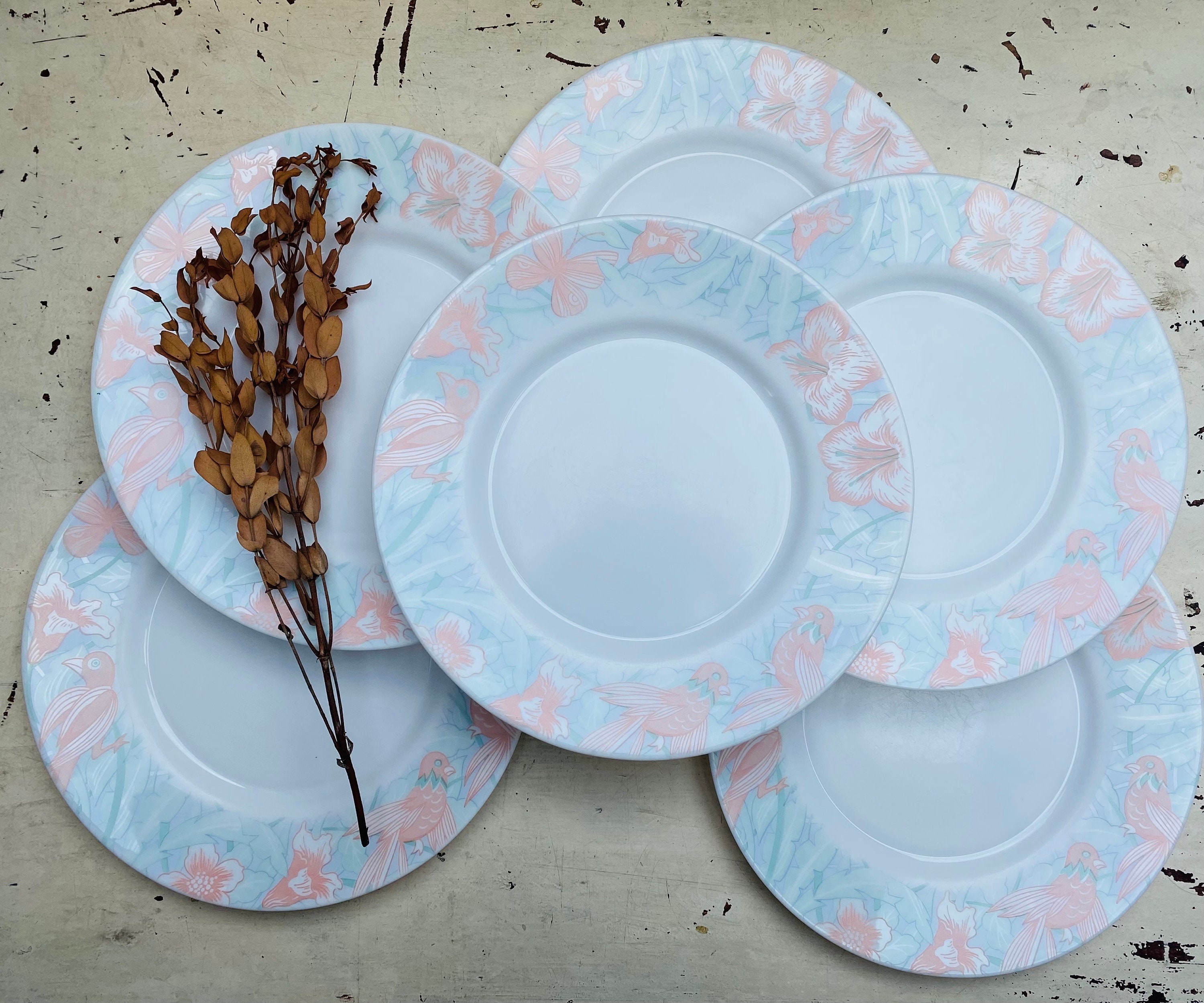 6 Assiettes Creuses Arcopal Paradis Bleues - 22,5 Cm - Style Vintage