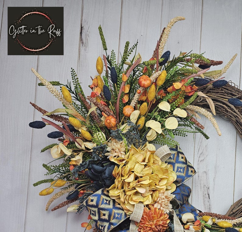 Cascading Fall Door Wreath, Blue Orange Floral, Thanksgiving Decor - Etsy