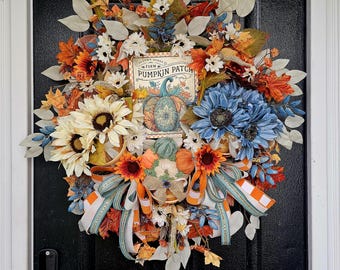 Sunflower Pumpkin Fall Wreath: Vintage Farmhouse Door Decor