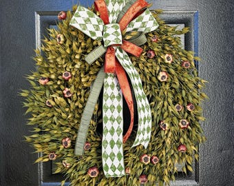 Fall Grapevine Wreath, Everyday Front Door, Fall Autumn Decor, Rustic Farmhouse, Sage Bearded Wheat Wreath, Harvest Harlequin Bow Grapevine