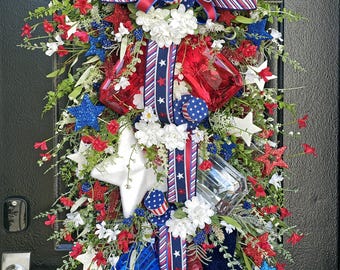 Luxury Patriotic Door Swag Red White Blue, 4th of July Front Door Decor| Stars Stripes Americana Summer Swag, Deluxe XL Patriotic USA Wreath