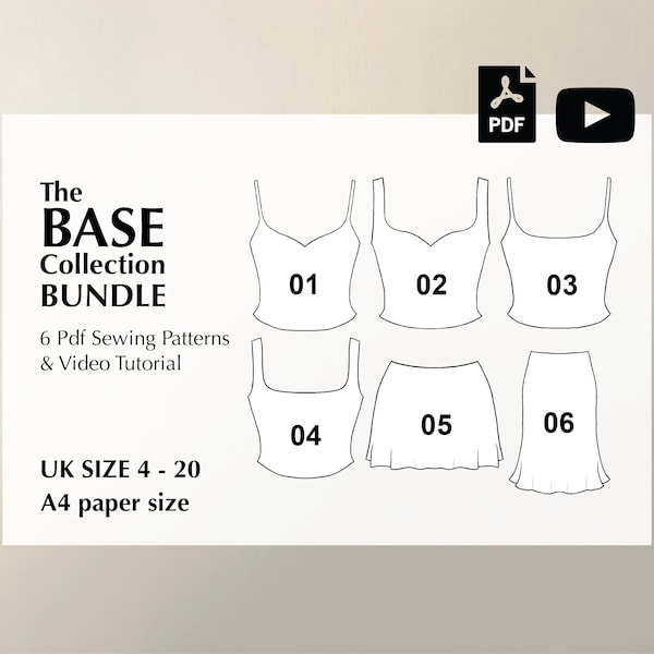 PAQUETE A4: 6 patrones de costura digitales en PDF + vídeo tutorial para la colección BASE de Mai Ardor