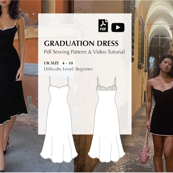 Patrón de costura digital en PDF + vídeo tutorial para Vestido de graduación de Mai Ardor (talla UK 4-10)