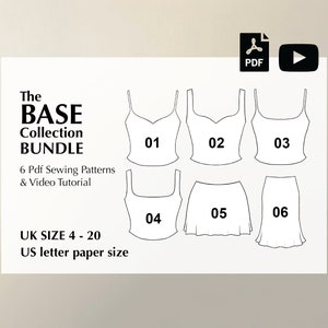 May include: The Base Collection Bundle includes 6 PDF sewing patterns and a video tutorial for making tops and skirts. The patterns are for UK sizes 4-20 and are designed to be printed on US letter paper.
