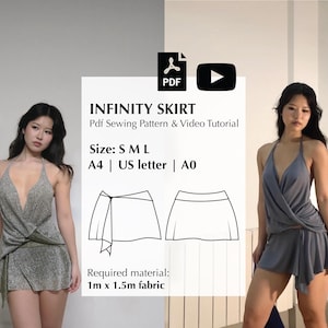 Peut inclure: Patron de couture PDF et tutoriel vidéo pour jupe infinity. Tailles S, M, L, formats A4, US letter et A0. Comprend un dessin technique d'une jupe portefeuille et indique une quantité de tissu nécessaire de 1m x 1,5m pour le projet.