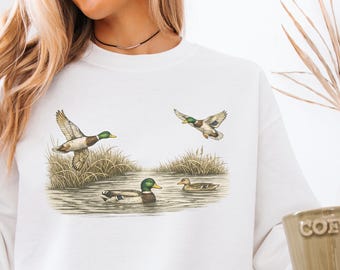 Sudadera con escena de humedal de pato real / Jersey vintage de vida silvestre