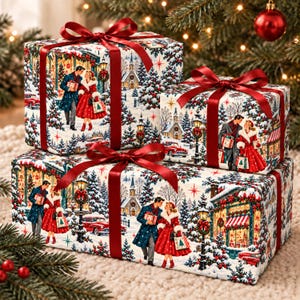 May include: Three rectangular gift boxes wrapped in white paper featuring a vintage winter scene with couples, snow-covered trees, churches, and red cars. Each box is tied with a smooth, dark red satin ribbon tied in a bow on the top centre.