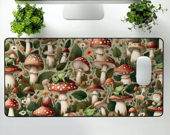 Cute Frog Desk Mat, Frog Desk Mat, Mushrooms, Frogs, Cottagecore, Desk Pad, Desk Mat, Extended Keyboard Mat, Gaming Desk Mat, Frog