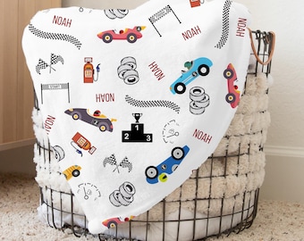 Race Cars Baby Blanket, Personalized Name Baby Blanket - Nursery Decor, Baby Shower Gift, Custom Blanket, Kids Room, Velveteen Blanket