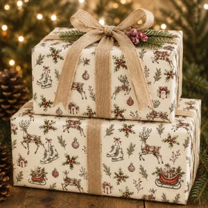 Vintage Christmas Wrapping Paper | Reindeer Sleigh Pattern