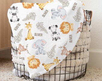 Safari Animal Velveteen Plush Blanket - Jungle Baby Blanket, Safari Nursery Decor, Gender Neutral Baby Gift, Wild Animals Baby Shower Gift,