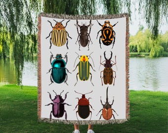 Beetle Woven Blanket, Cozy Throw, Insect Art Decor, Bug Lover Gift, Camping Blanket, Beetle Tapestry Blanket, Boho Home Decor