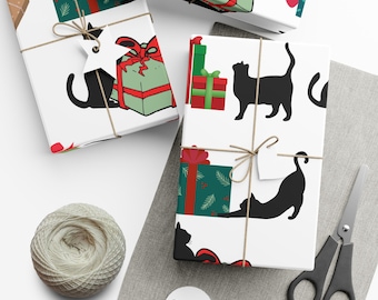 Gift Wrap Papers - Cat and Presents Gift Wrap, Wrapping Paper Roll for Cat Lovers, Holiday Gift Wrap, Birthday Wrapping Paper, Cat Themed