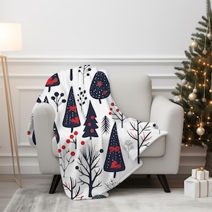 Scandinavian Winter Minky Blanket, Norwegian Christmas Blanket, Velveteen Microfiber Blanket, Holiday Blanket, Family Holiday, Folk Art