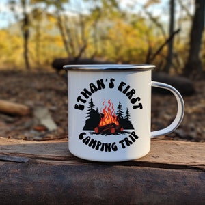 Peronalized First Camping Mug, Enamel Camping Mug,Enamel Camping Mug, Campfire Mug, Coffee Mug, Camp Mug, Camping Coffee Mug, Camping Mug
