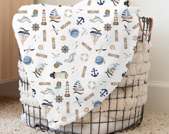 Personalized Baby Boy Sailor Boats Nautical Blanket, Custom Name Baby Shower Gift, Soft Fleece Throw, Velveteen Plush Blanket,