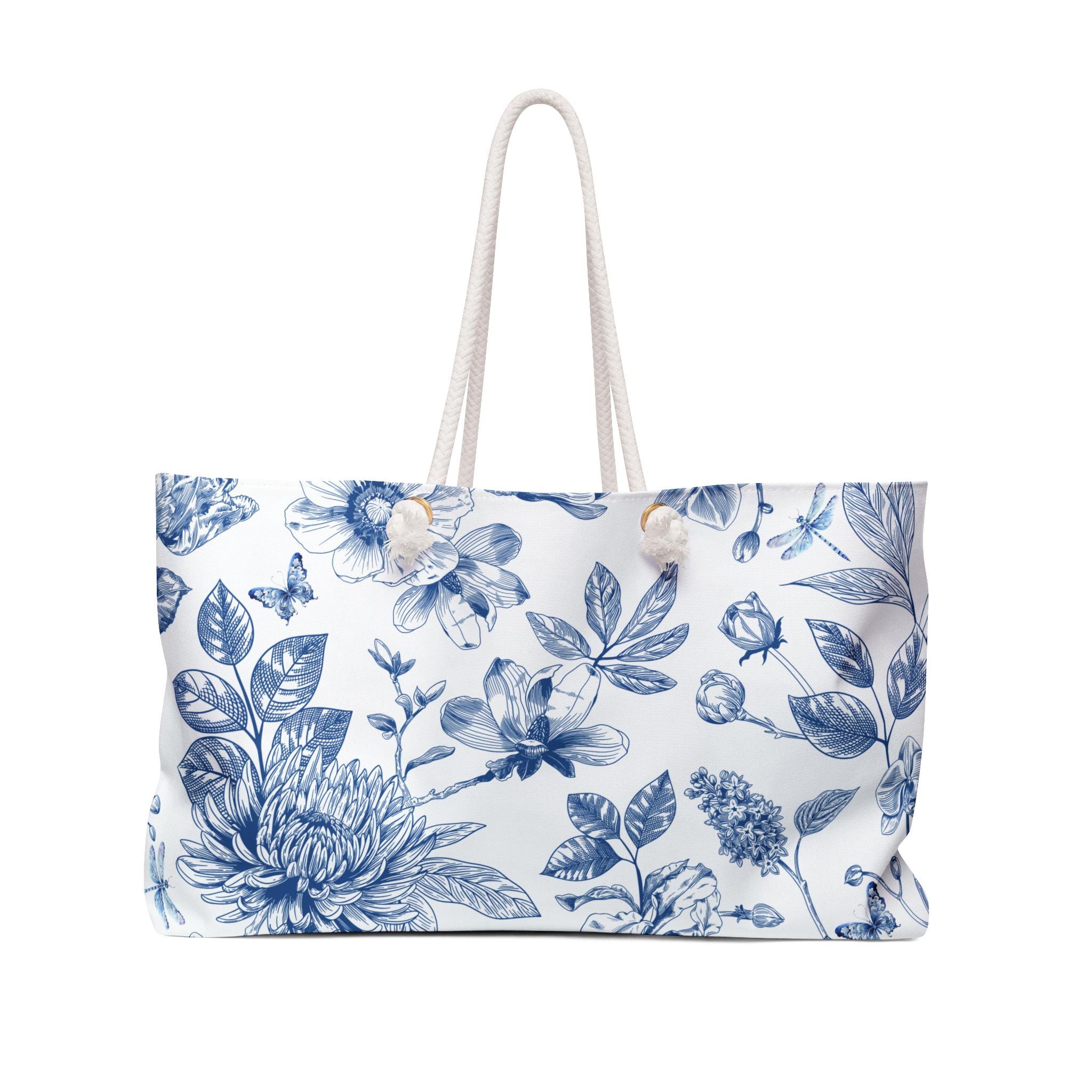Blue Toile Weekender Bag, Floral Print Travel Tote - Etsy display picture 3