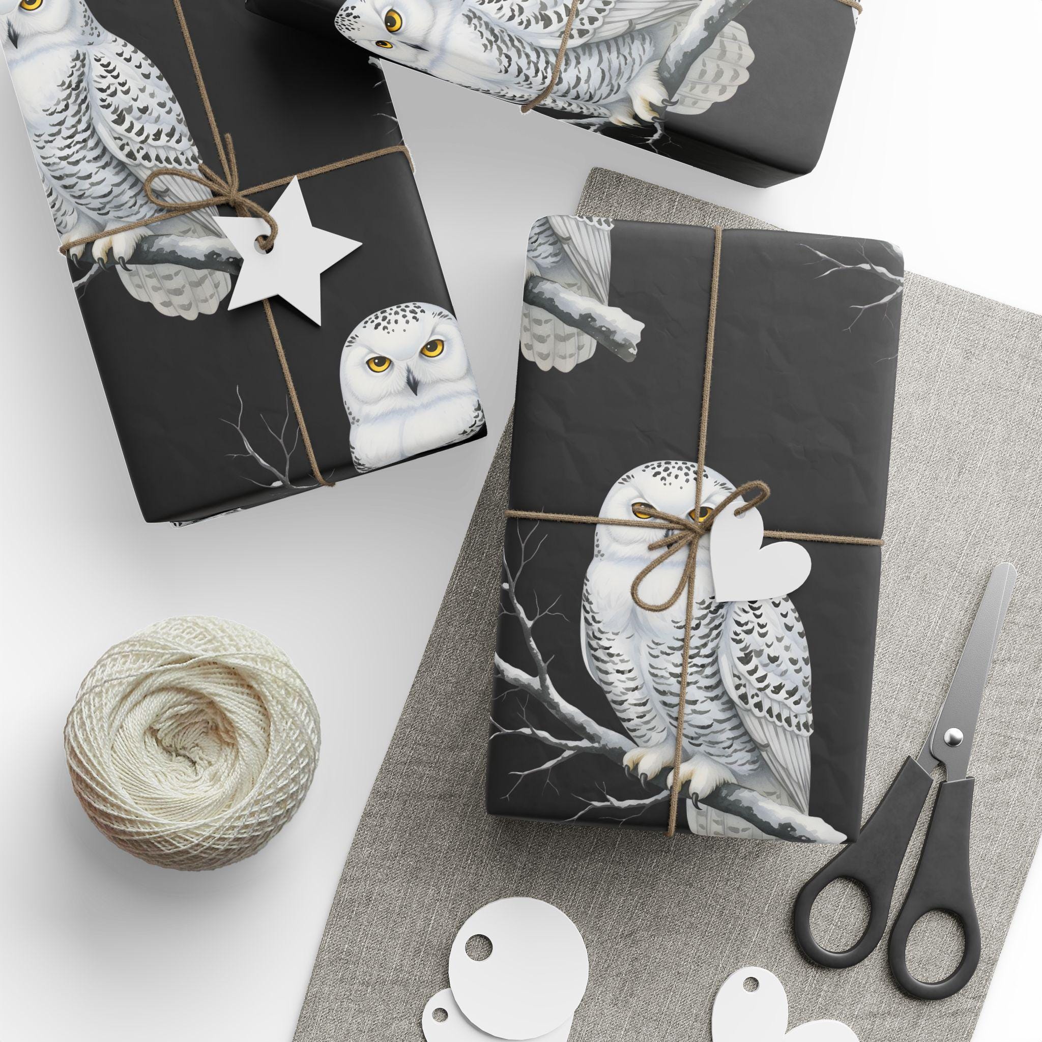 Snowy Owl Pattern Wrapping Paper | Black Night Wildlife Holiday Wrap