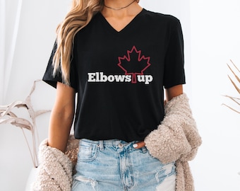 Elbows Up Canada V-Neck Tee, Proud Canadian Shirt, Casual Unisex T-Shirt for Parties, Canada Day Shirt, True North Strong and Free