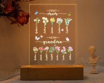 Veilleuse personnalisée fleur de naissance, plaque première maman maintenant grand-mère, lampe nominative personnalisée, décoration d'intérieur, cadeaux pour la fête des mères, cadeaux pour grand-mère