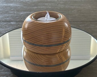 Hand Turned Mulberry Wood Tea Light Candle Holder with Tanzanite Gemstone Crystal Inlay, Glass Insert and Wax Candle