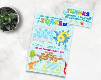 May include: A blue and yellow birthday invitation for a 6th birthday party with the theme "Soaked". The invitation features a cartoon water gun, a popsicle, and a water balloon. The text on the invitation reads "Grab your swimsuit & let's get soaked! Come make a splash at Jake's 6th birthday bash! Saturday, June 25th, 3pm, 123 Waterslide Lane, USA. Join us for pizza and popsicles, water balloon and water gun fights, 3 lane giant slip n' slide. Bring your towels and beach chairs. Parents can hangout while kids play. Siblings are welcome!"