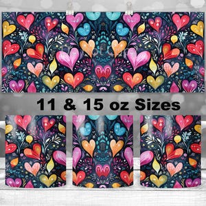 Valentine Day 11 and 15oz Mug Design PNG, Full Wrap Sublimation Design for Coffee Mug, Colorful Heart Pattern Digital Design File