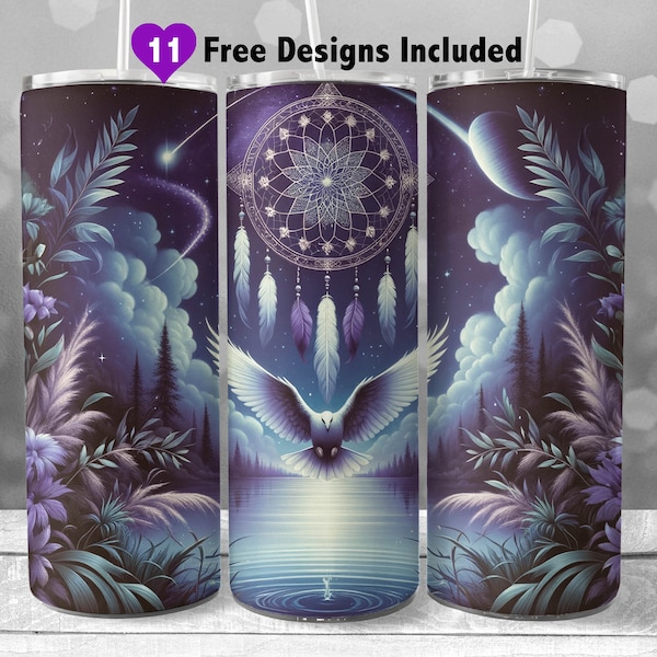 Boho Dreamcatcher 20 oz Skinny Tumbler Wrap, Instant Download Sublimation PNG, Celestial Night Sky, Beautiful Dove Seamless Digital Design