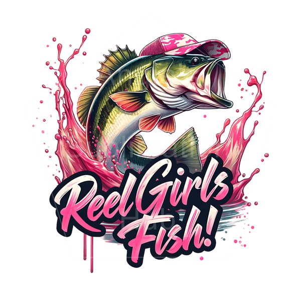 Fishing Design for Women and Kids Instant Download Sublimation PNG, Transparent Background, Reel Girls Fish, Bass Wearing Pink Camo Hat