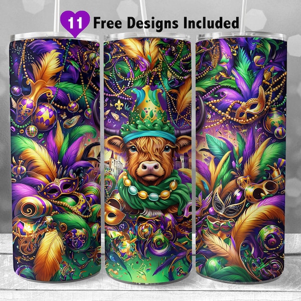 Mardi Gras Baby Highland Cow 20 oz Skinny Tumbler Wrap, Instant Download Sublimation PNG, Vibrant New Orleans Themed Seamless Digital Design
