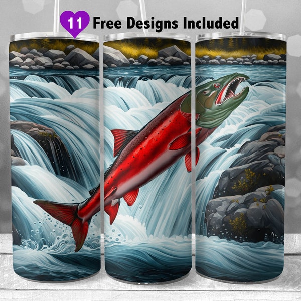 Sockeye Zalm 20 oz Skinny Tumbler Wrap, Instant Download Sublimatie PNG, Visser Naadloos Digitaal Ontwerp