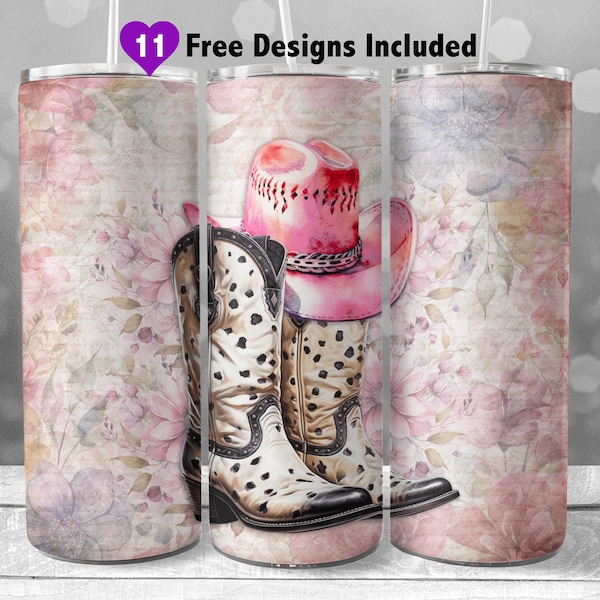 Cowgirl Boots 20 oz Skinny Tumbler Sublimation Design, Instant Digital Download, Whimsical Floral Cowgirl Boots and Pink Hat Tumbler PNG