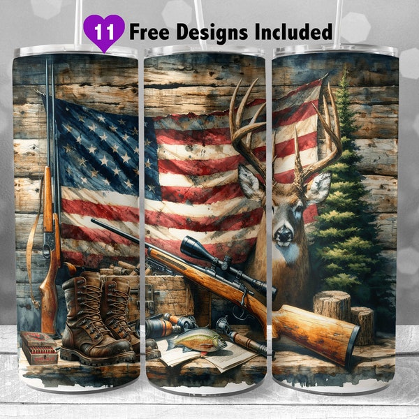 American Hunting 20 oz Skinny Tumbler Wrap, Instant Download Sublimation PNG, Fishing And Deer Hunter, Wood Camo Seamless Digital Design