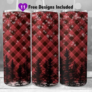 Buffalo Plaid 20 oz Skinny Tumbler Wrap, Instant Download Sublimation PNG, Forest Snow Themed Wrap - Seamless Digital Design