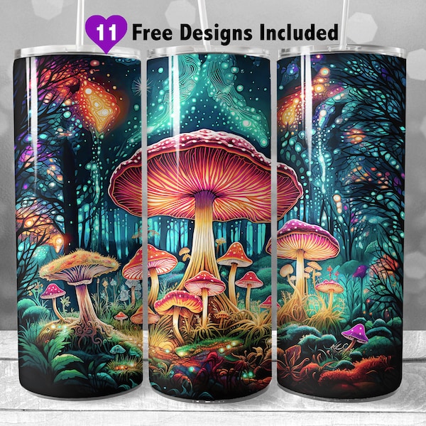 Mushroom 20 oz Skinny Tumbler Sublimation Design, Instant Digital Download PNG, Digital Design Only, Neon Look Mushroom Tumbler Wrap