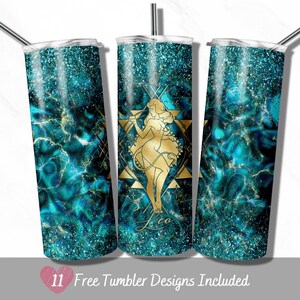 Leo Zodiac Tumbler Wrap, Horoscope Constellation Star Sign, 20oz Skinny Tumbler Sublimation Design, Teal and Gold Glitter Tumbler PNG