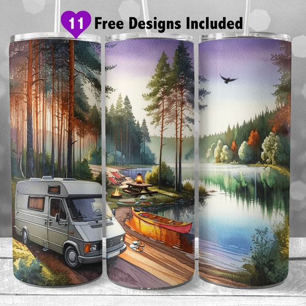 RV Camping 20 oz Skinny Tumbler Wrap, Instant Download Sublimation PNG, Campsite with a Canoe by the Lake - Seamless Digital Design