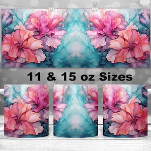 Floral Alcohol Ink 11 and 15oz Mug Design PNG, Beautiful Pink and Turquoise Flower Sublimation Design, Full Wrap Design for Coffee Mug