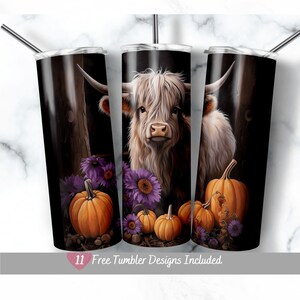Highland Kuh Herbst Tumbler Wrap, 20 Unze Skinny Tumbler Sublimation, Halloween süße Kuh mit Kürbissen und Blumen, kommerzielle Nutzung